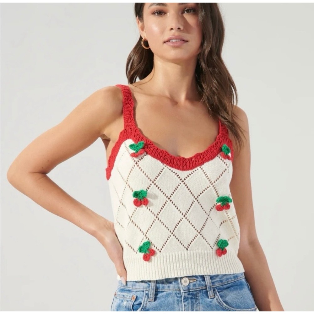 Sugarlips Cherry Crochet Pointelle Knit Camisole Top Cream Red XS